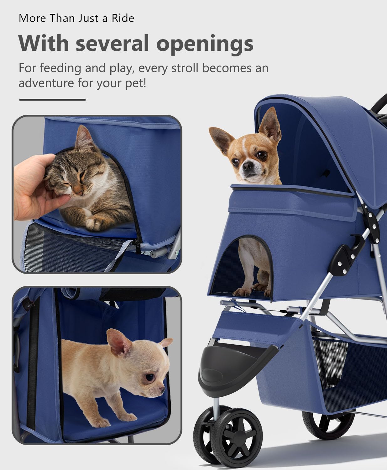 OS MOTOR Pet Stroller with 3 Wheels for Small/Medium Pets, Portable Travel Foldable Carrier Jogger for Dog Cat Puppy Kitty, Rear Wheel Breaks, Storage Basket, Visible Mesh Weather Cover (Navy Blue)