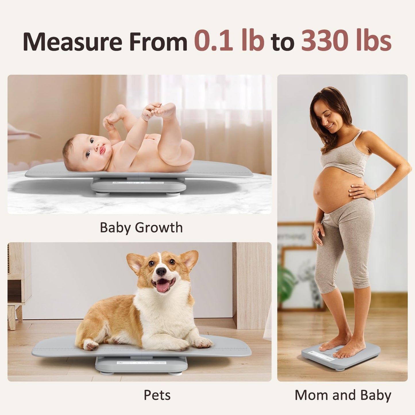 Multifunctional Baby & Pet Scale - Weigh Up to 330lbs, Digital with Hold Function, Height Measurement, 5 Units, LED Screen Grey