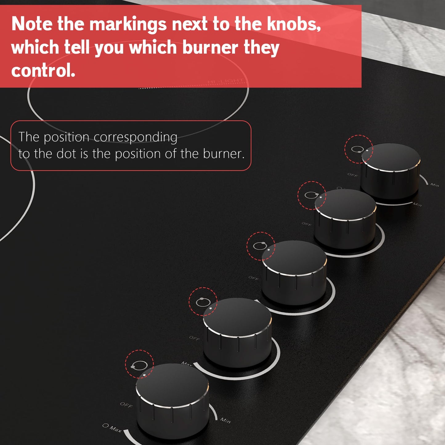 Karinear 36" Electric Cooktop 5 Burners, Knob Control Electric Stove Top, 9 Power Levels, Residual Heat Indicator, 8400W, 40A, 240V Hardwire(Black)