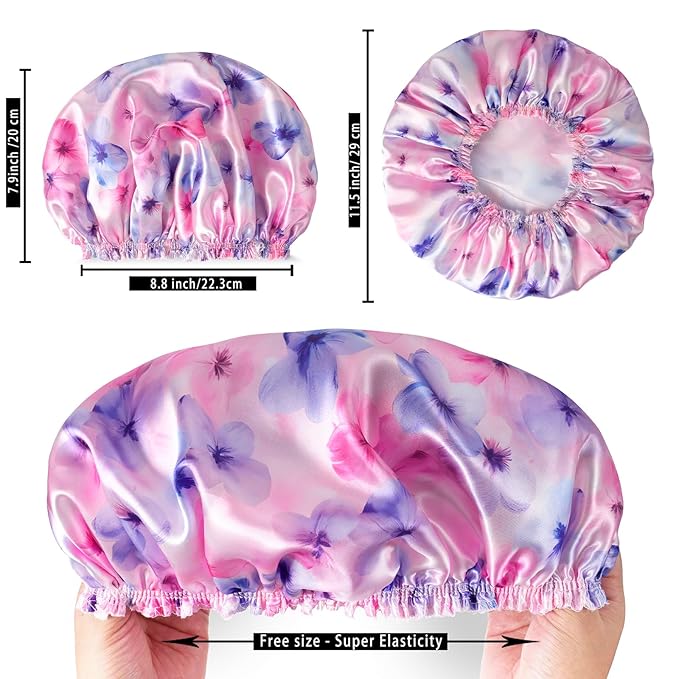 4 PCS Shower Caps for Women, 3D Printing Bath Caps, Double Layers Shower Cap Reusable Waterproof, Bathing Shower Caps, Environmental Protection Hair Bath Hat - Flower C