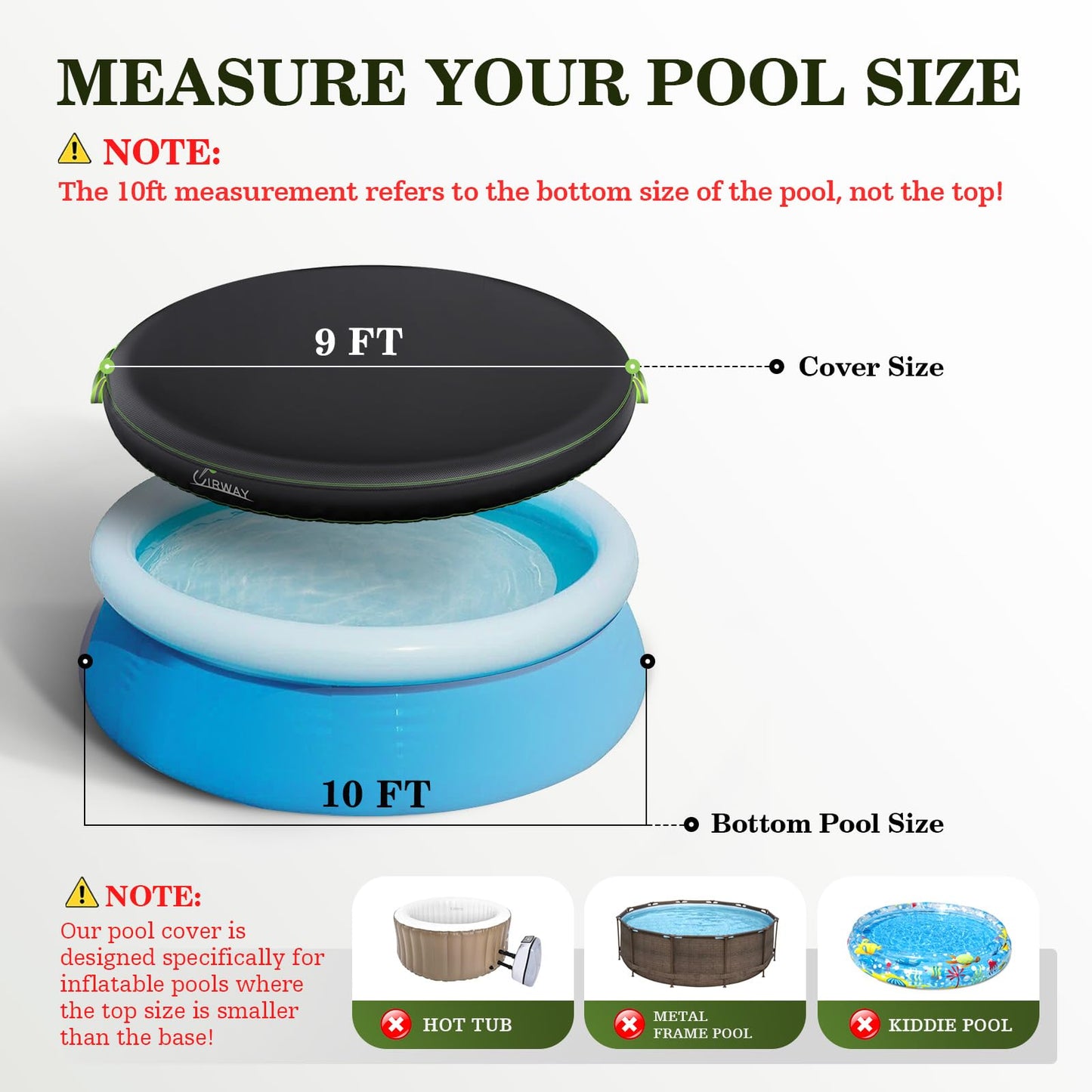 UIRWAY 10FT Round Pool Cover, Inflatable Pool Covers for Above Ground Pools with Elastic Cord - Snug Fit & Easy Set, Outdoor Swimming Pool Cover with 2 Reflective Strip Handles, Black