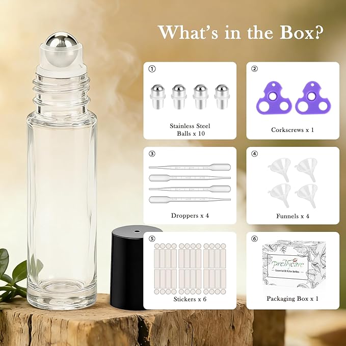 PrettyCare 24 Pack, 10 ml Essential Oil Roller Bottles with Stainless Steel Roller Ball - Refillable Leak-proof Empty Thick Clear Glass Roll on Bottles with Black Caps for Travel, Perfume