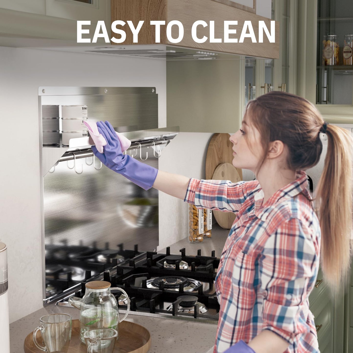 EKON Stainless Steel Backsplash 24 x 30 Inch Wall Shield for Kitchen Easy Clean And Installation with Built-in Storage Shelf and Hanging Rack
