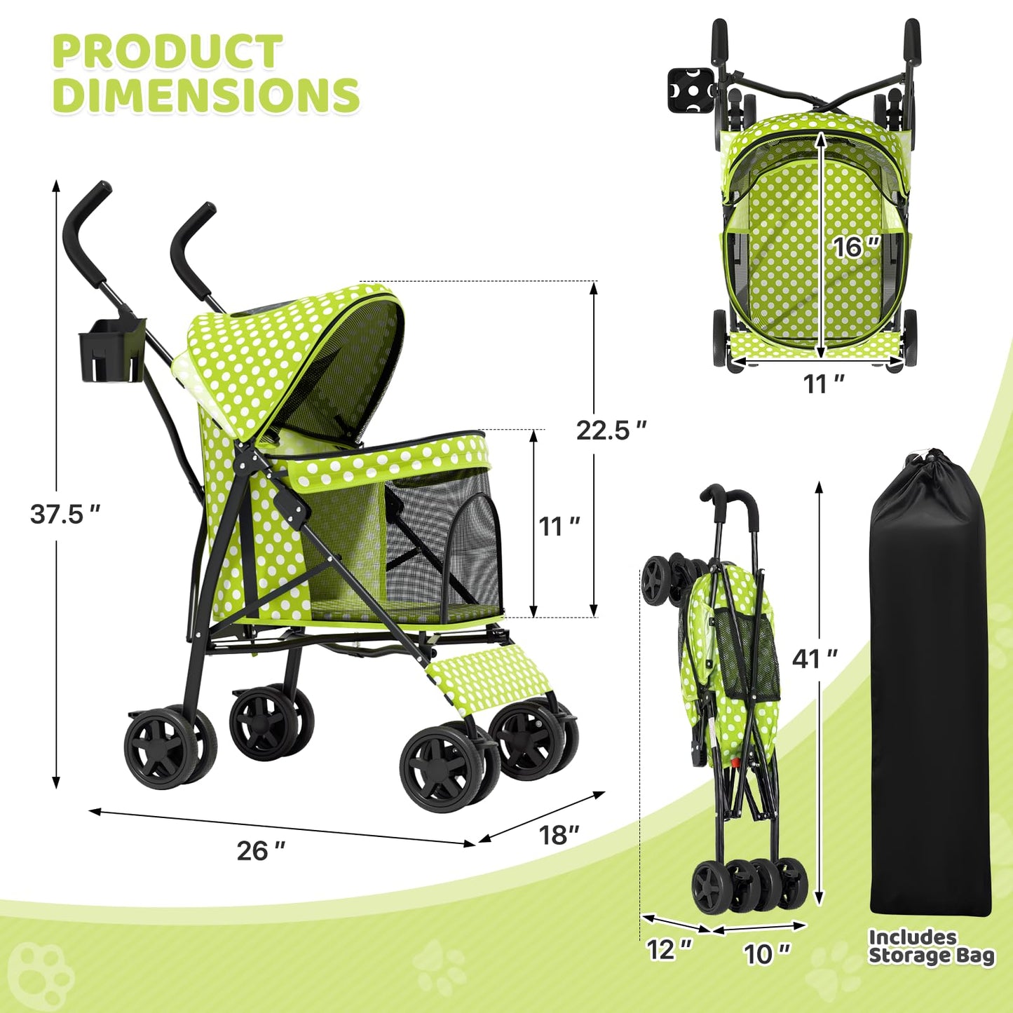 Magshion Compact Pet Stroller for Small-Medium Dogs/Cats up to 22lbs, 4-Wheel Lightweight Umbrella Shaped Portable Puppy Travel Jogger with Breathable Mesh, Cup Holder & Rear Storage, Lawn Green
