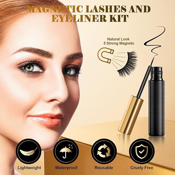Magnetic Eyelashes Kit - 10 Pairs Lightweight 3D Natural Look Magnetic Lashes with Eyeliner & Tweezers, Reusable Mink False Eyelashes, Sweatproof, No Glue Needed, Easy to Apply (10pairs)
