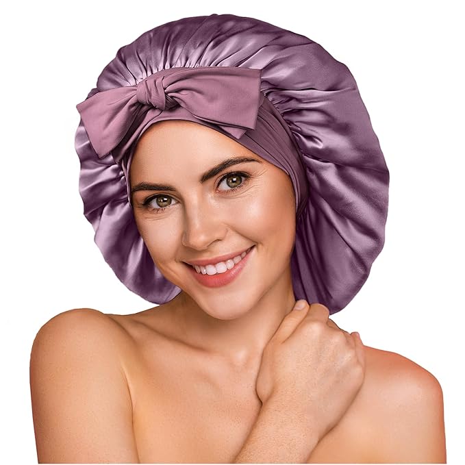 YFONG 100% 22 Momme Mulberry Silk Bonnet for Sleeping Women, Larger Double Layer Silk Hair Wrap for Curly Short Long Hair, Non-Slip Sleep Cap Turban with Elastic Tie Band for Hair Care, Deep purple