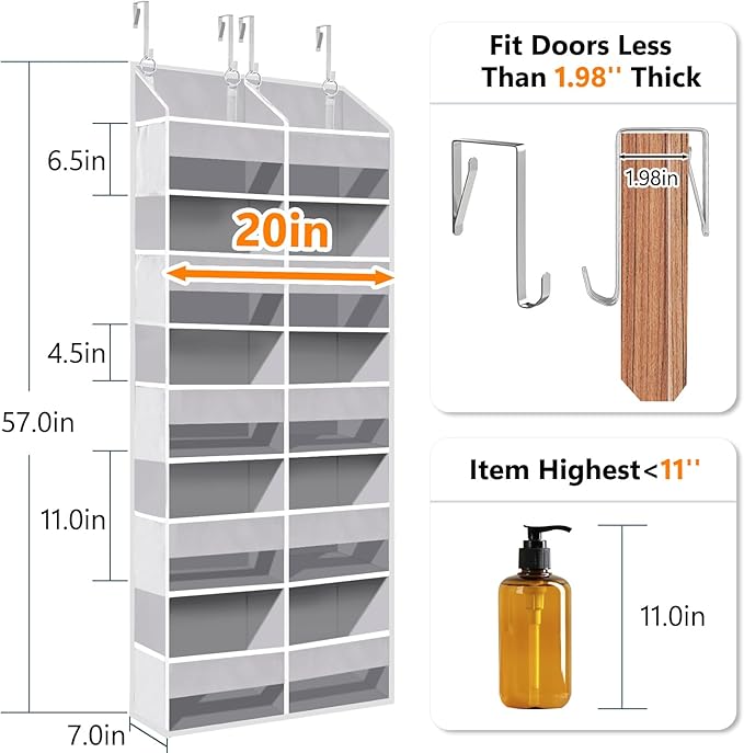 UVIAHOMI Heavy Duty Over The Door Organizer 5 Tiers, Extra Large Behind Door Storage of 10 Front & 10 Mesh Pockets, 80lb Weight Capacity, Hanging Doors Storage for Closet Bedroom Nursery, Light Gray