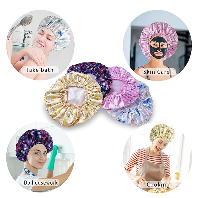 Shower Cap for Women,4 PCS Elastic and Reusable Bath Caps, Double Layers Shower Caps Reusable Waterproof, Bathing Shower Caps, Environmental Bath Hair Protection Cap - Butterfly D