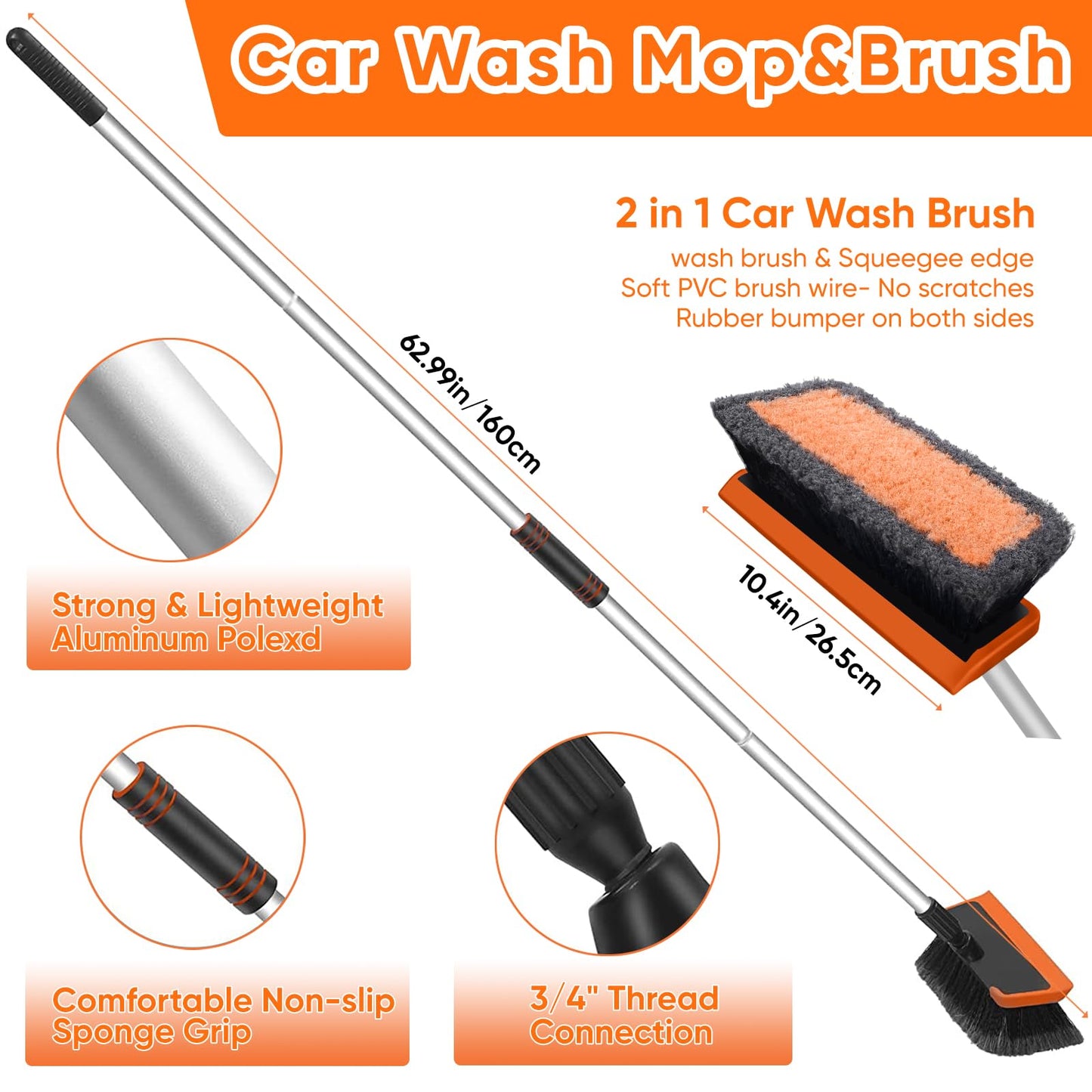 Wontolf 62'' Car Wash Brush with Long Handle, Scratch-Free Soft Bristles Sturdy Car Wash Mop, Complete Cleaning Brush Kit Wash Mitt Towel Windshield Squeegee Wheel Tire Brush for Car Truck RV Orange
