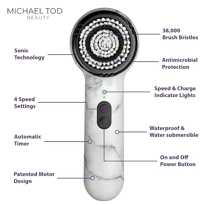 Michael Todd Beauty Soniclear Allure 2024 Best of Beauty Winner Facial Cleansing + Exfoliation Brush System with Antimicrobial Protected Bristles, 4 speeds, Serum Infusion Head + Travel Case