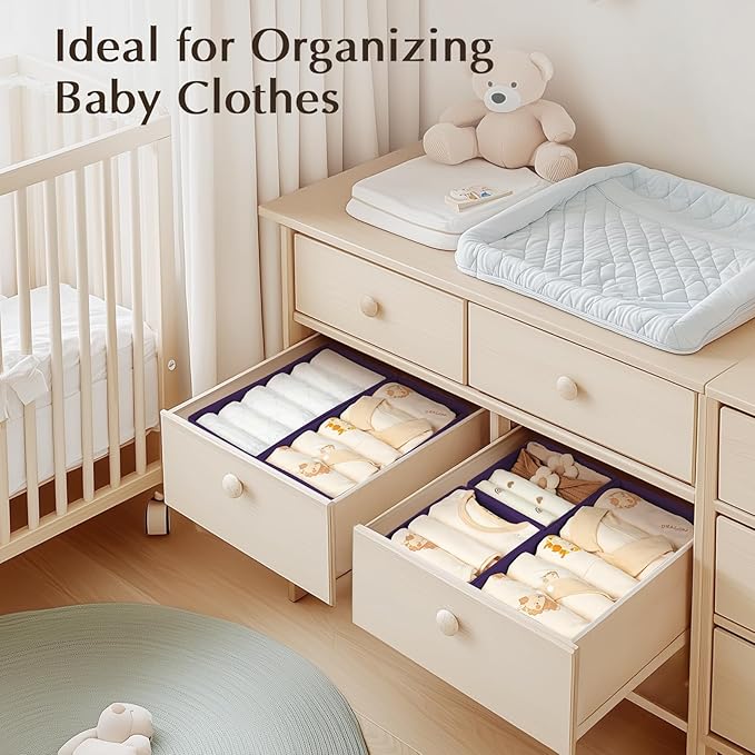 DIMJ Drawer Organizers Clothes, Set of 4 Dresser Organizer Bins, Fabric Closet Organizers and Storage, Shallow Drawer Dividers for Nursery, Clothing, Baby Clothes, Socks, Underwears, Tie (Purple)
