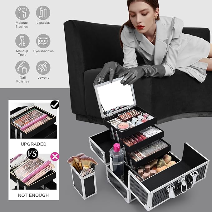 Joligrace Makeup Train Case Makeup Case 3-Tray Cosmetic Box with Mirror, Shine Black, 11.8-in Large Makeup Box with Detachable Brush Holder, Lockable Portable Makeup Travel Organizer Case