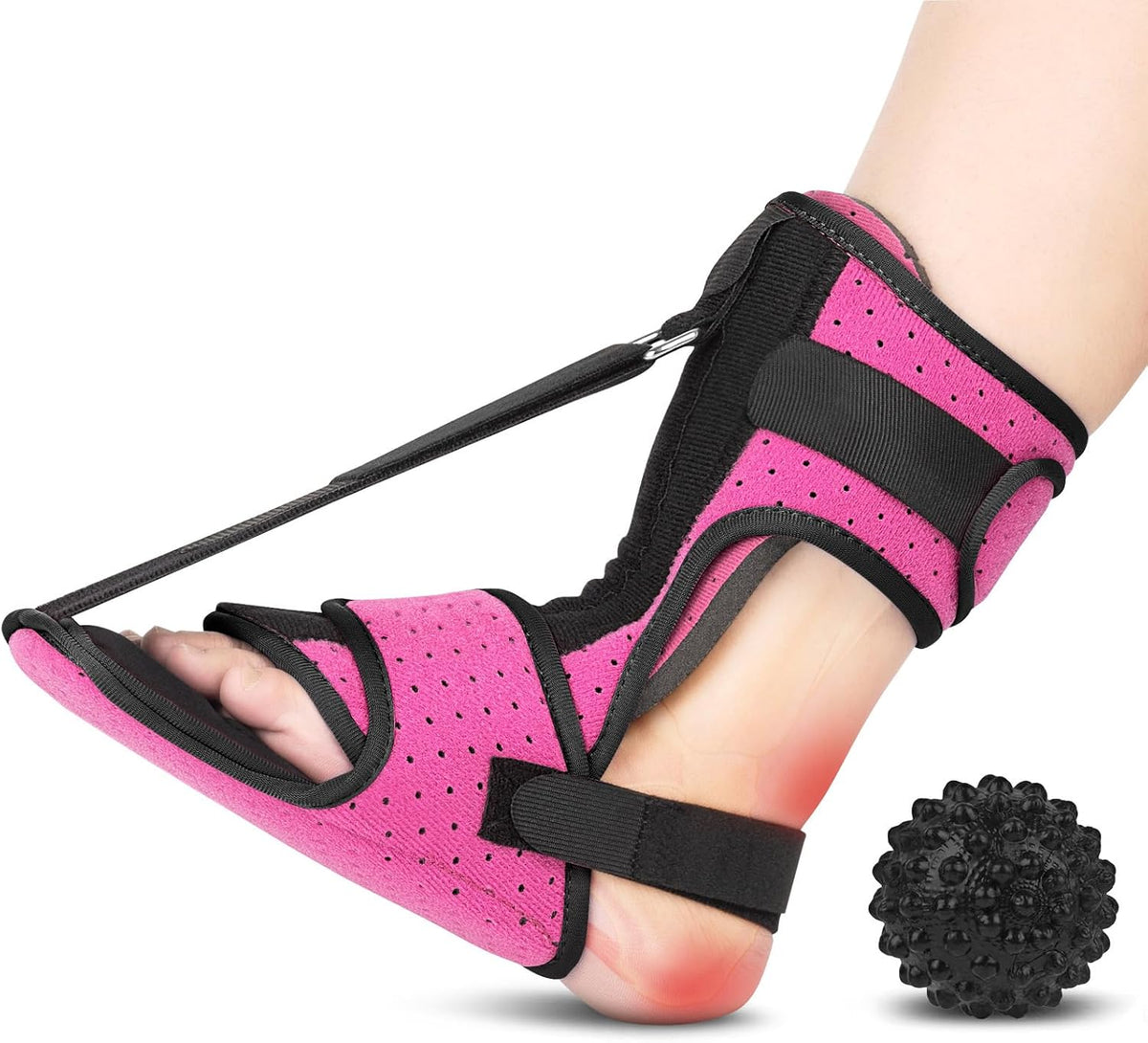 Plantar Fasciitis Night Splint with Massage Ball for Plantar Fasciitis Relief, Comfortable Plantar Fasciitis Brace for Achilles Tendonitis Heal Spur Foot-drop Flat-arch, Free Size for Men and Women - Pink