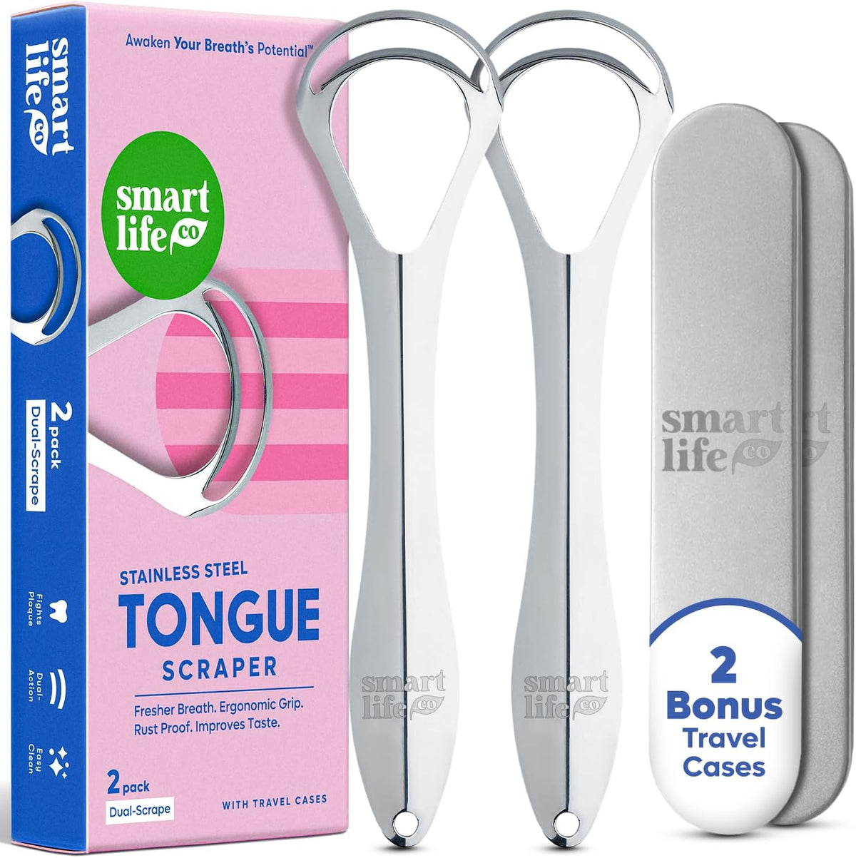 Tongue Scraper For Adults - Dual Head Stainless Steel Tongue Cleaner Travel Metal Case | Bad Breath Mouth Treatment | Best Disposable Metal Plastic-Free Scrubber | Oral Care Hygiene Essential Kit, 2pk