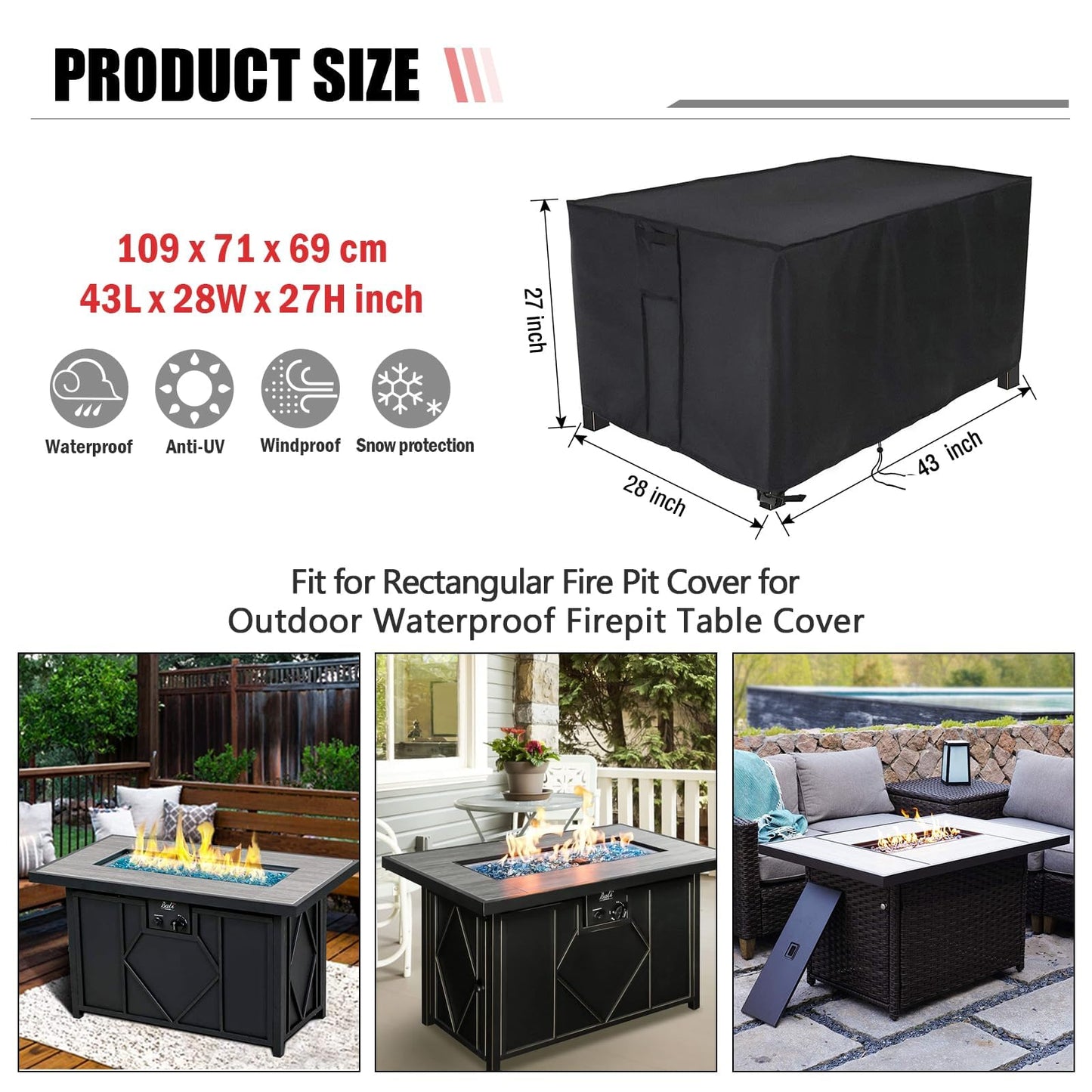 Youlvy Rectangular Fire Pit Cover 43 inch,Propane Gas Fire Pit Table Cover,Outdoor Waterproof Firepit Table Cover - 43 X 28 X 27 Inch