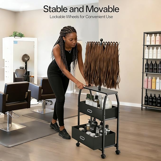 XINTUO Portable Braiding Hair Rack With Wheels & Storage Drawers,168 Pegs Hair Extension Holder Hanger for Braiding Hair Separator Stand Display,Hair rack with stylist hair braiding tools(black)