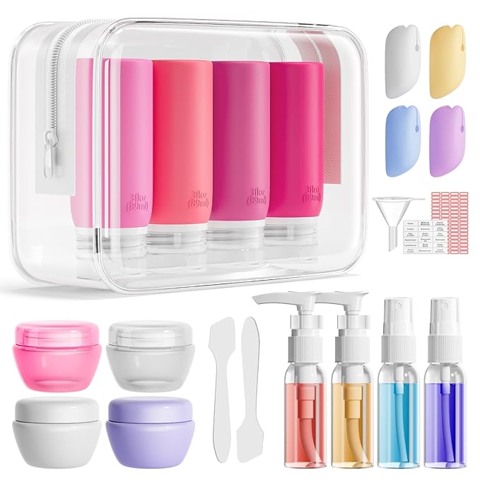 Muslish 21 Pack Travel Bottles for Toiletries, Leak-Proof TSA Compliant Silicone Travel Size Containers for Shampoo and Conditioner, BPA Free with Toiletry Bag (Pink)