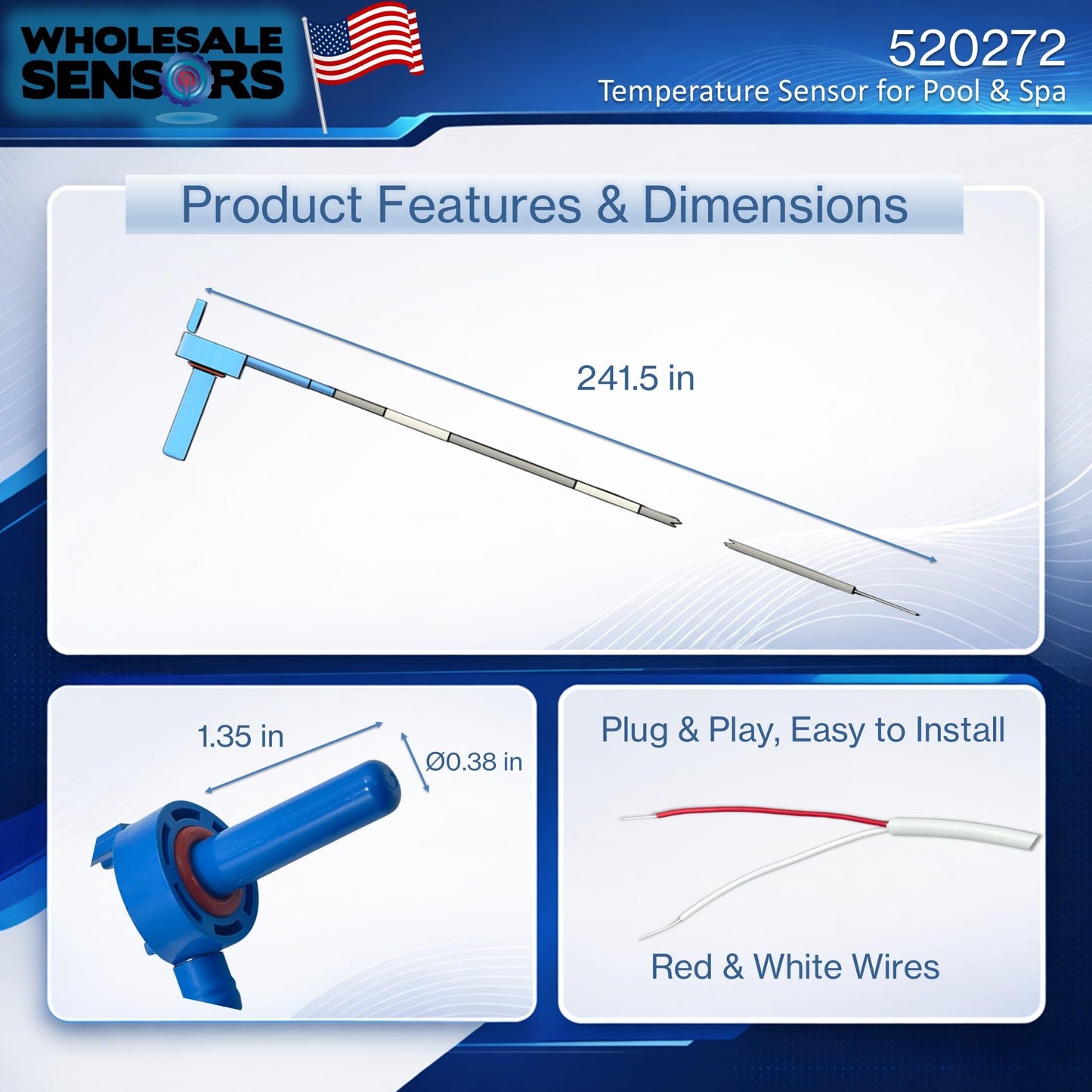 Replacement Pentair 520272 Air/Water/Solar Temperature Sensor, 20-Feet Cable for Pool/Spa 12 Month Warranty