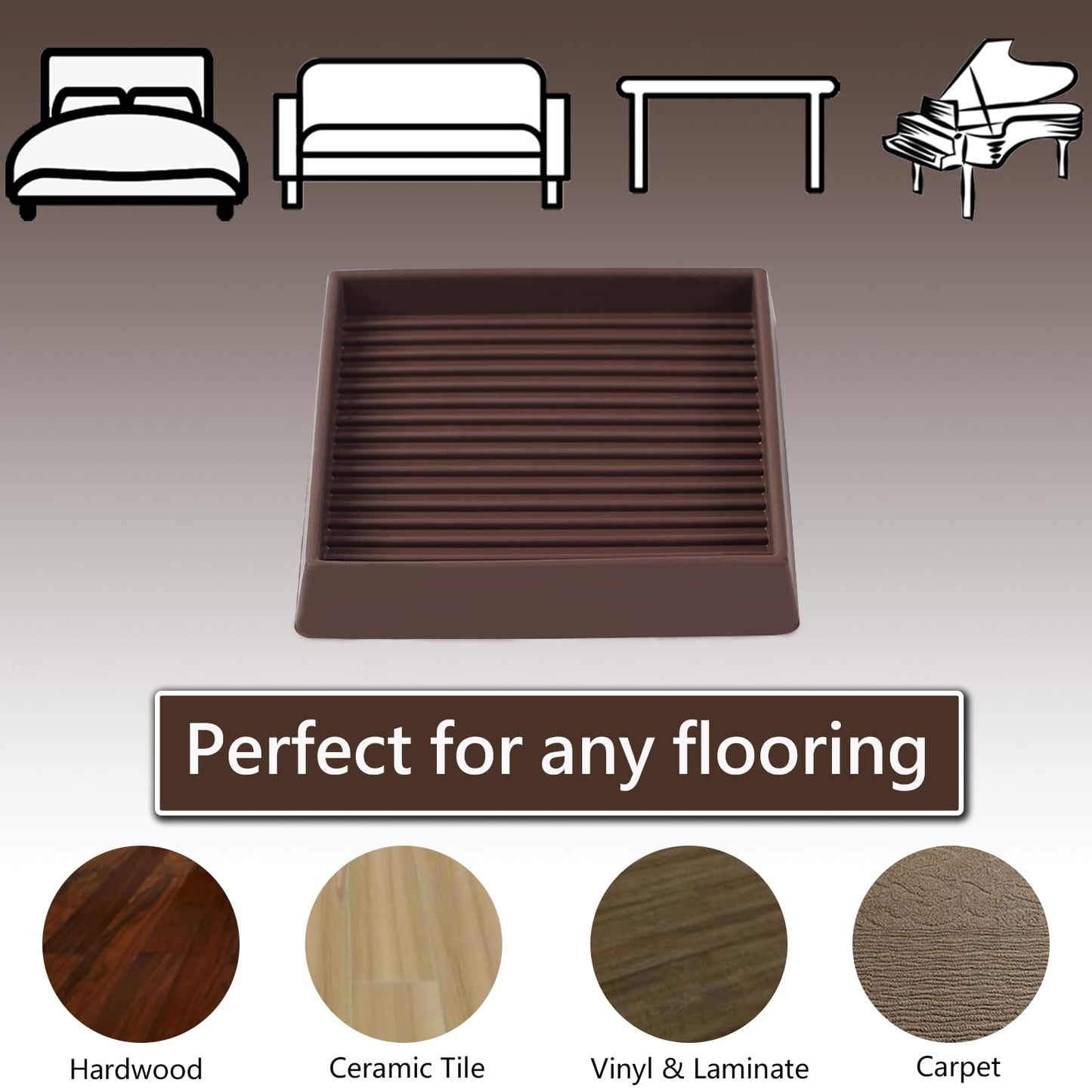 3x3 Non Slip Rubber Furniture Caster Cups for Hardwood Floors, Anti-Slip Square Furniture Coasters Pads Stopper Gripper Floor Protectors for Bed Couch Table