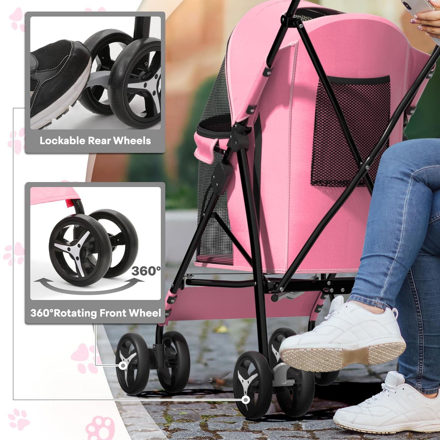 Dog Stroller for Small Dogs 10 lbs -22lbs Puppy Stroller Medium Dog Wagon Small Pet Stroller for Cats, Cat Strollers for 2 Cats, Rear Storage, Pink