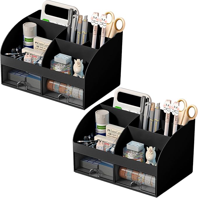 Desk Organizer with 6 Compartments and 2 Drawers, Plastic Makeup Organizer, Pen Holder for Desktop Storage, Desk Organization for School, Home, Office Supplies Black-2Pack