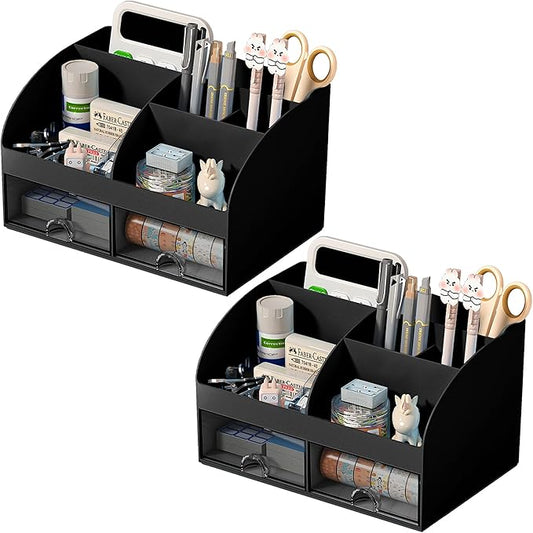 Desk Organizer with 6 Compartments and 2 Drawers, Plastic Makeup Organizer, Pen Holder for Desktop Storage, Desk Organization for School, Home, Office Supplies Black-2Pack