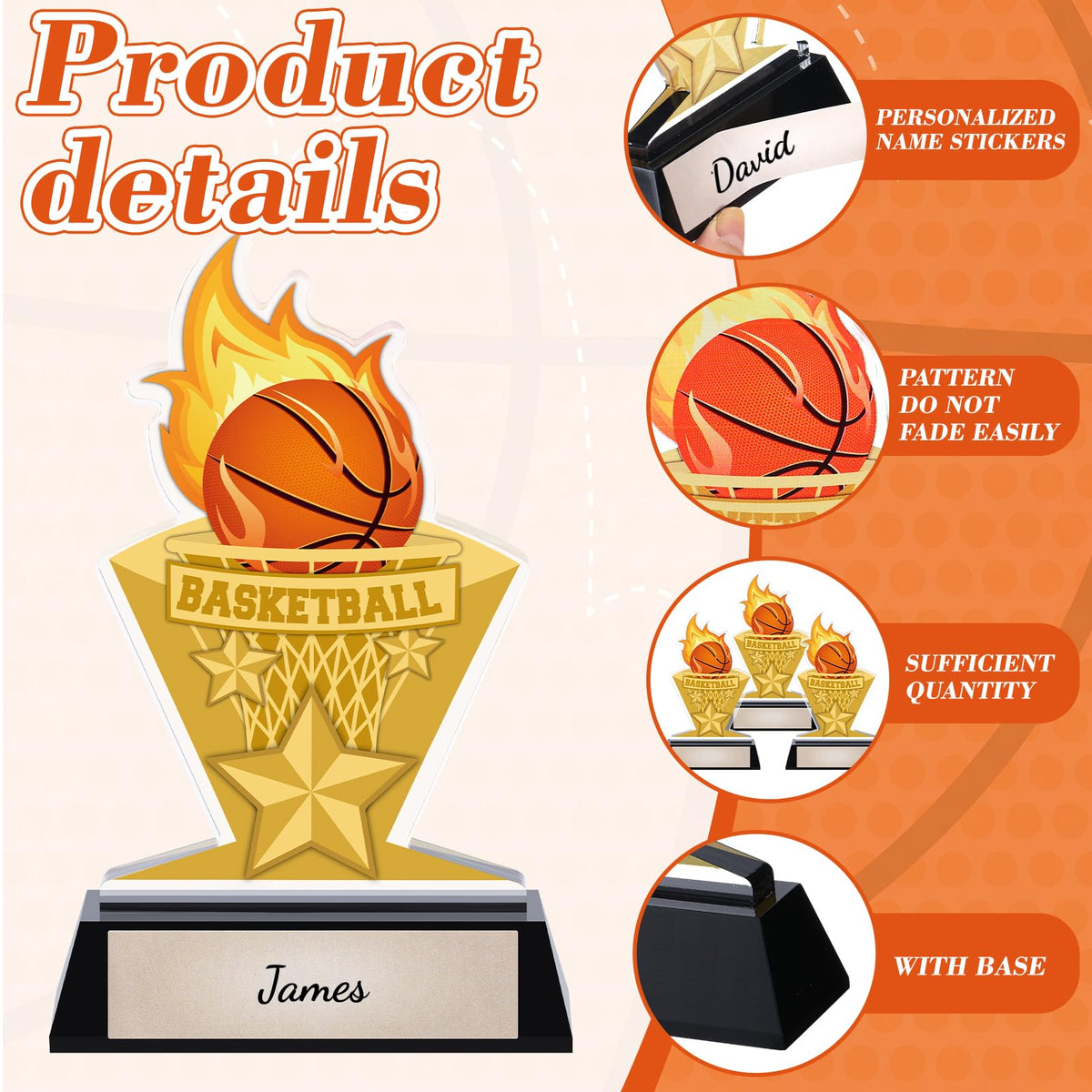 Gerrii Acrylic Trophies Awards with DIY Name Stickers Pack of 3 Champion Trophy Medals Team Reward Gift for Basketball Softball Baseball Competition Contest Tournament, 5.8/6.14/6.38inch(Basketball)