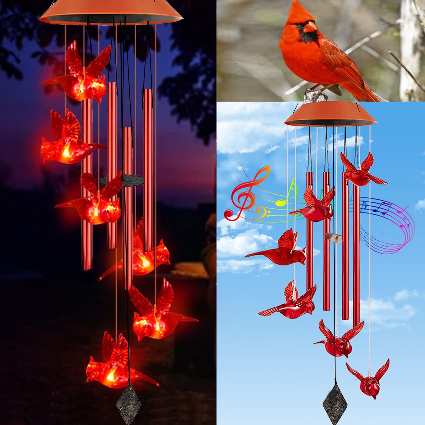 Cardinal Wind Chimes, Red Cardinal Bird Solar Windchimes Outdoor, Red Bird Tubes Garden Decor, Sympathy Wind Chimes,Memorial Gift,Mothers Day for Grandma,Sister Gifts for Women,Friend Birthday Gift