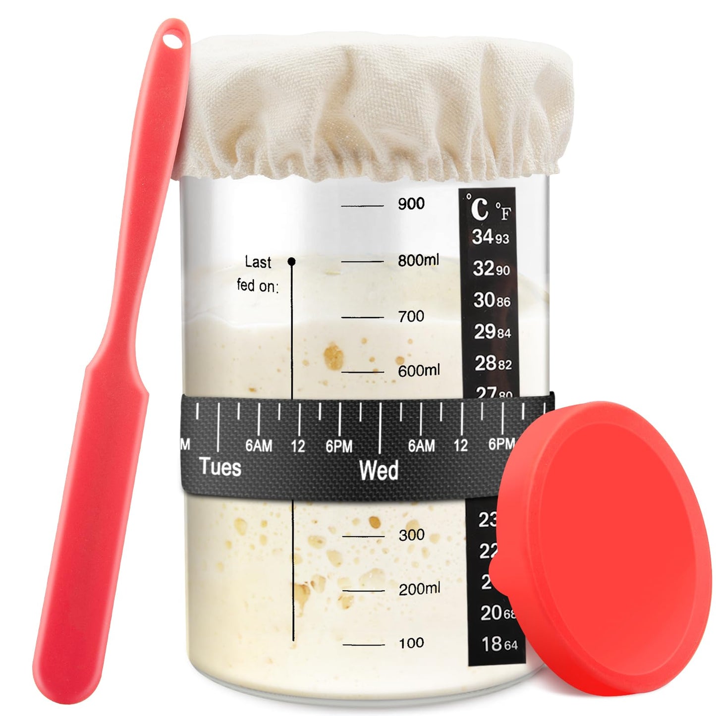 zunmial Sourdough Starter Jar, 35OZ Glass Sourdough Jars Wide Mouth With Red Silicone Cap, Sourdough Starter Kit with Date Marked Feeding Band, Thermometer, Cloth Cover