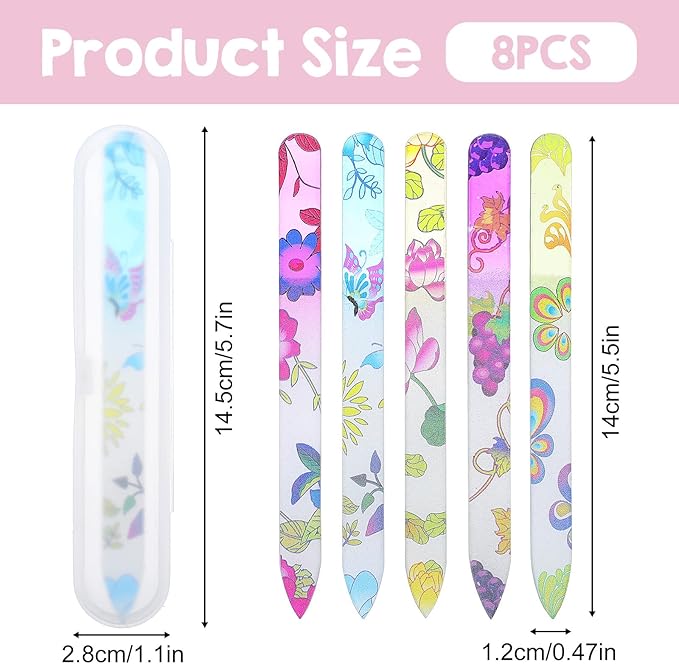 8 PCS Glass Nail Files with Cases, Double Sided Crystal Fingernail Files Colorful Floral Nails File Buffers Nails Care Nail File Mixed Color Manicure Set for Women, Christmas Gifts Stocking Stuffers