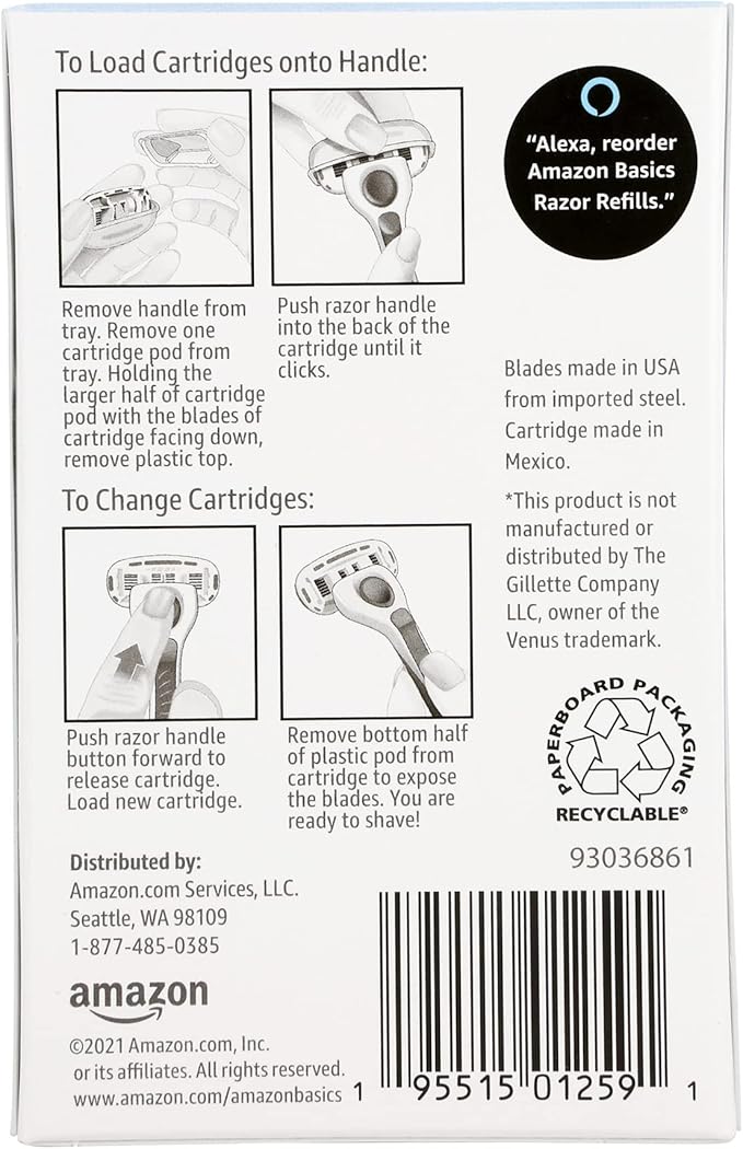 Amazon Basics 5-Blade Razor Refills for Women with Comfort-Coated Blades, Moisture Lubrication, Hypoallergenic, (Fits Amazon Basics Razor Handles Only) (Previously Solimo) 6 Count (Pack of 2)