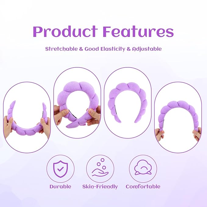 Women's Spa Terry Cloth Headband for Face Washing, Makeup Removal, Shower - Puffy Sponge Hair Accessory (Purple)