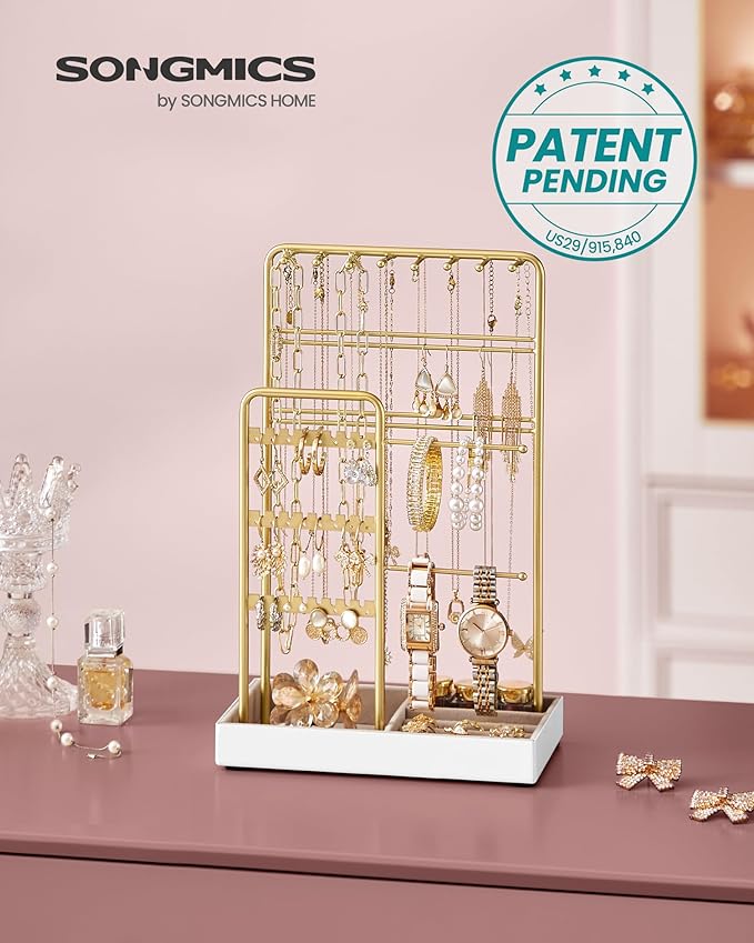 SONGMICS Jewelry Holder, Jewelry Organizer, Jewelry Display Stand with Metal Frame, Velvet Tray, Necklace Earring Bracelet Holder, for Studs, Rings, Gift Idea, Pale Gold UJJS021A01