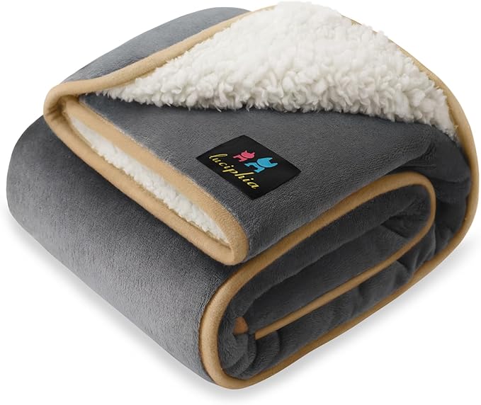 Luciphia Waterproof Pet Blanket, Liquid Pee Proof Dog Blanket for Sofa Bed Couch, Reversible Sherpa Fleece Furniture Protector Cover for Small Medium Large Dogs Cats, Grey+Beige Large（65" x 57"）