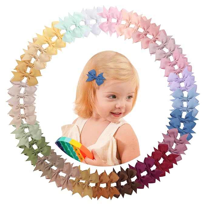 doboi 50PCS 2'' Baby Hair Bows Clips Fully Lined Tiny Grosgrain Boutique Solid Ribbon Mini Bows Alligator Clips for Girls Teens Infants Kids Toddlers Newborn