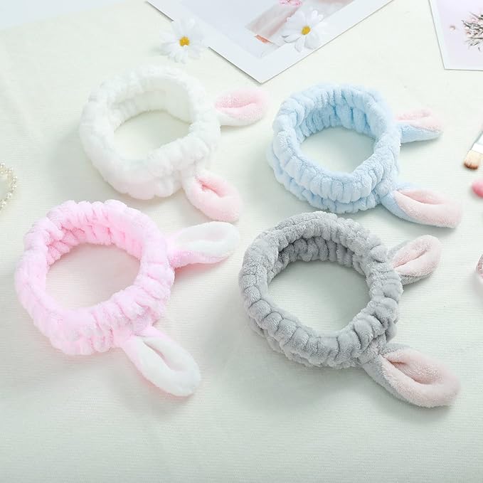4 Pack Elastic Makeup Headbands for Women, Girls' Soft Flannel Bunny Ears Headbands Head Wraps, SPA Headband Hair Band for Washing Face
