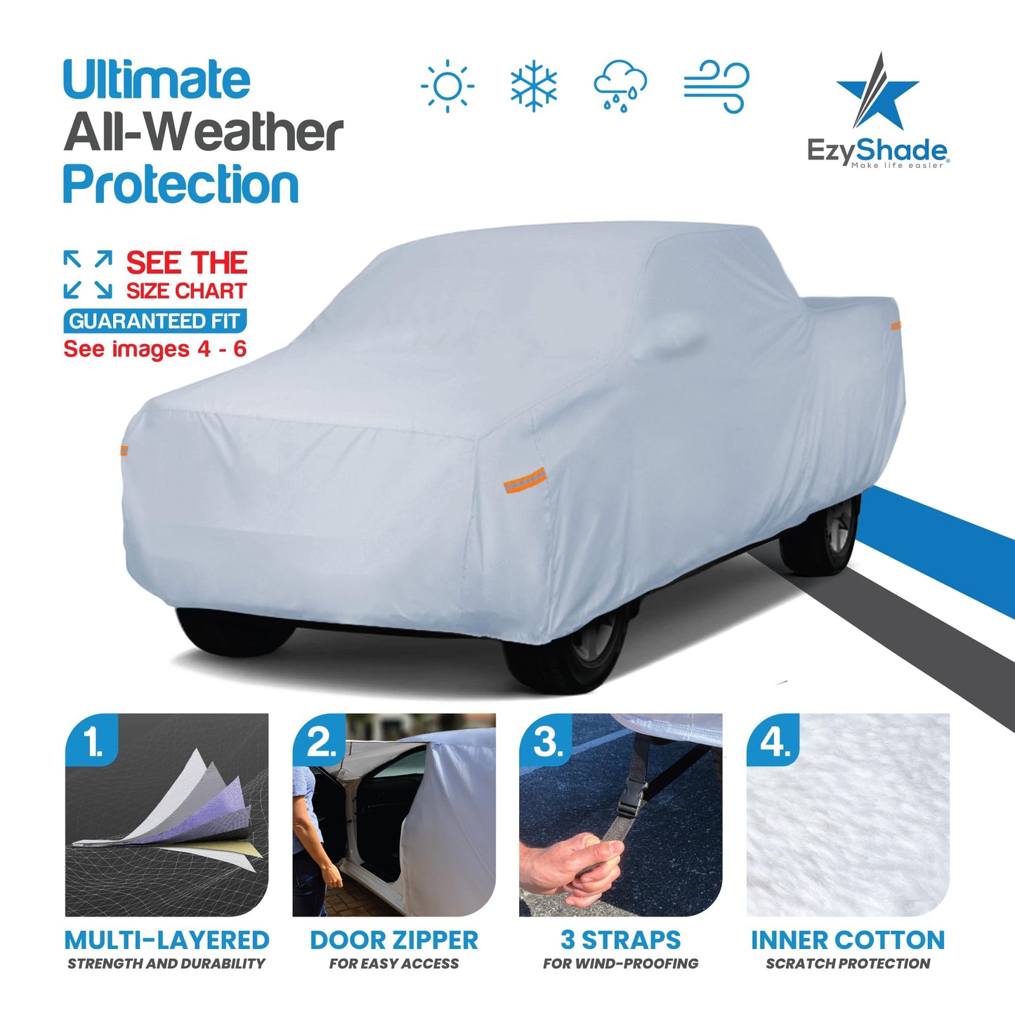 EzyShade 10-Layer Truck Cover Waterproof All Weather. See Vehicle Size-Chart for Accurate Fit. Full Outdoor Pickup Truck Covers for Ranger Frontier Tacoma. Sun Wind Rain. Size T1 (See SizeChart)