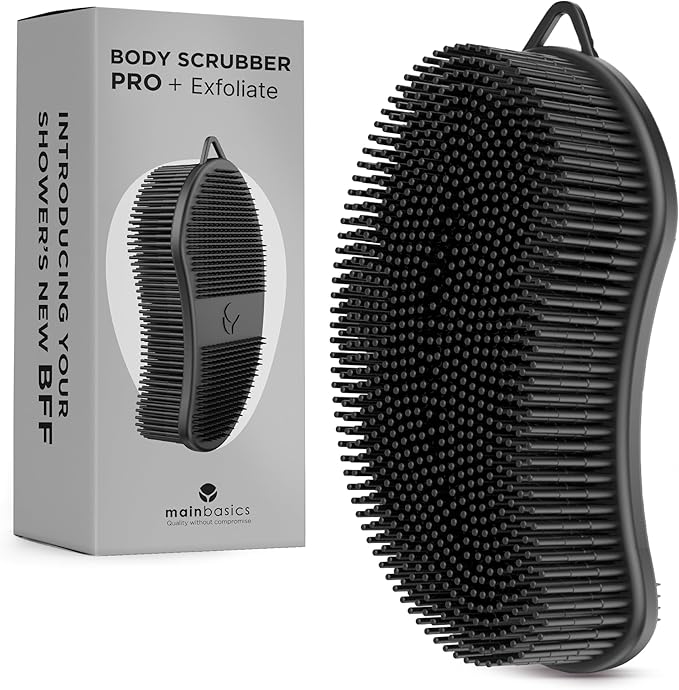 MainBasics Silicone Body Scrubber Dual-Sided Shower Loofah and Exfoliator (Black, Exfoliate)