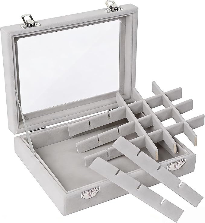 Velvet Jewelry Box 24 Grid Jewelry Earrings Display Organiser Box Ring Tray Holder Earrings Storage Case for Girls Women Wife Mom (Gray)