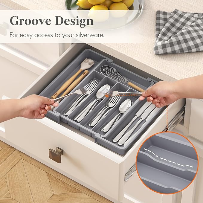 Lifewit Silverware Drawer Organizer, Expandable Utensil Tray for Kitchen, BPA Free Flatware and Cutlery Holder, Adjustable Plastic Storage for Spoons Forks Knives, 8.5-14 x 12", Gray