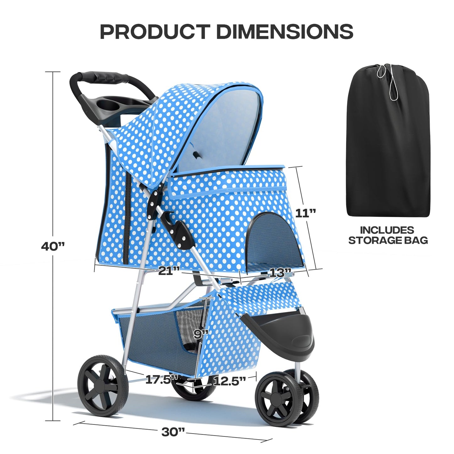 Pet Stroller for Small Dogs 10 lbs, Dog Stroller for Medium Dogs 30 lbs, Cat Strollers for 2 Cats, 3 Wheels Foldable Jogger Puppy Stroller with Storage Basket and Cup Holder, Blue Polka Dots