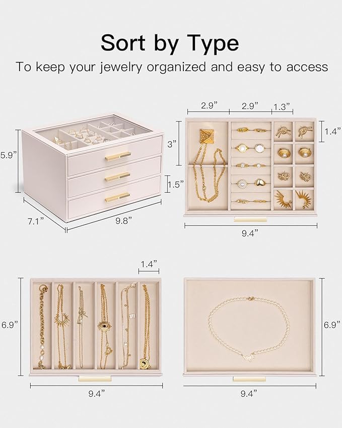 Vlando Jewelry Box for Women, Glass Lid Jewelry Organizer with 3 Drawers for Necklaces Rings Earrings Bracelets - Light Pink