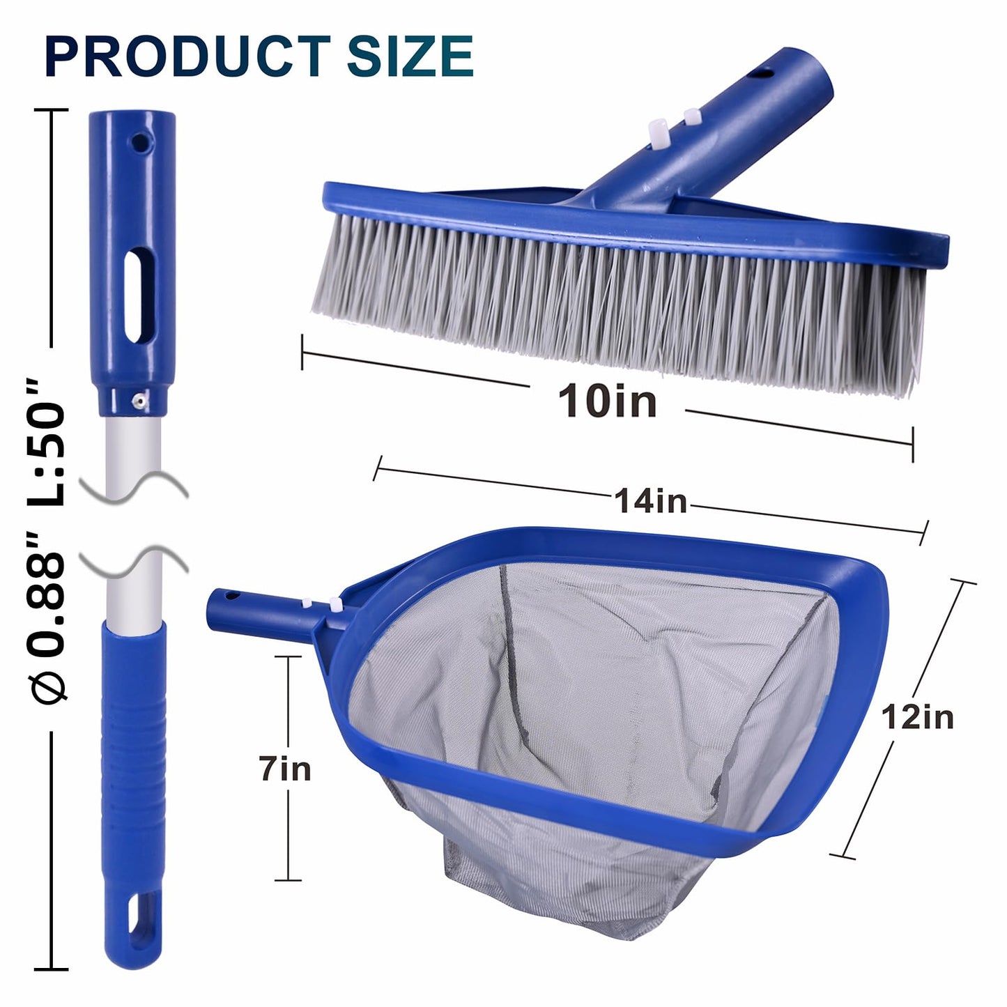 POOLAZA Pool Skimmer Net & Pool Brush Head with 50'' Aluminum Pool Pole