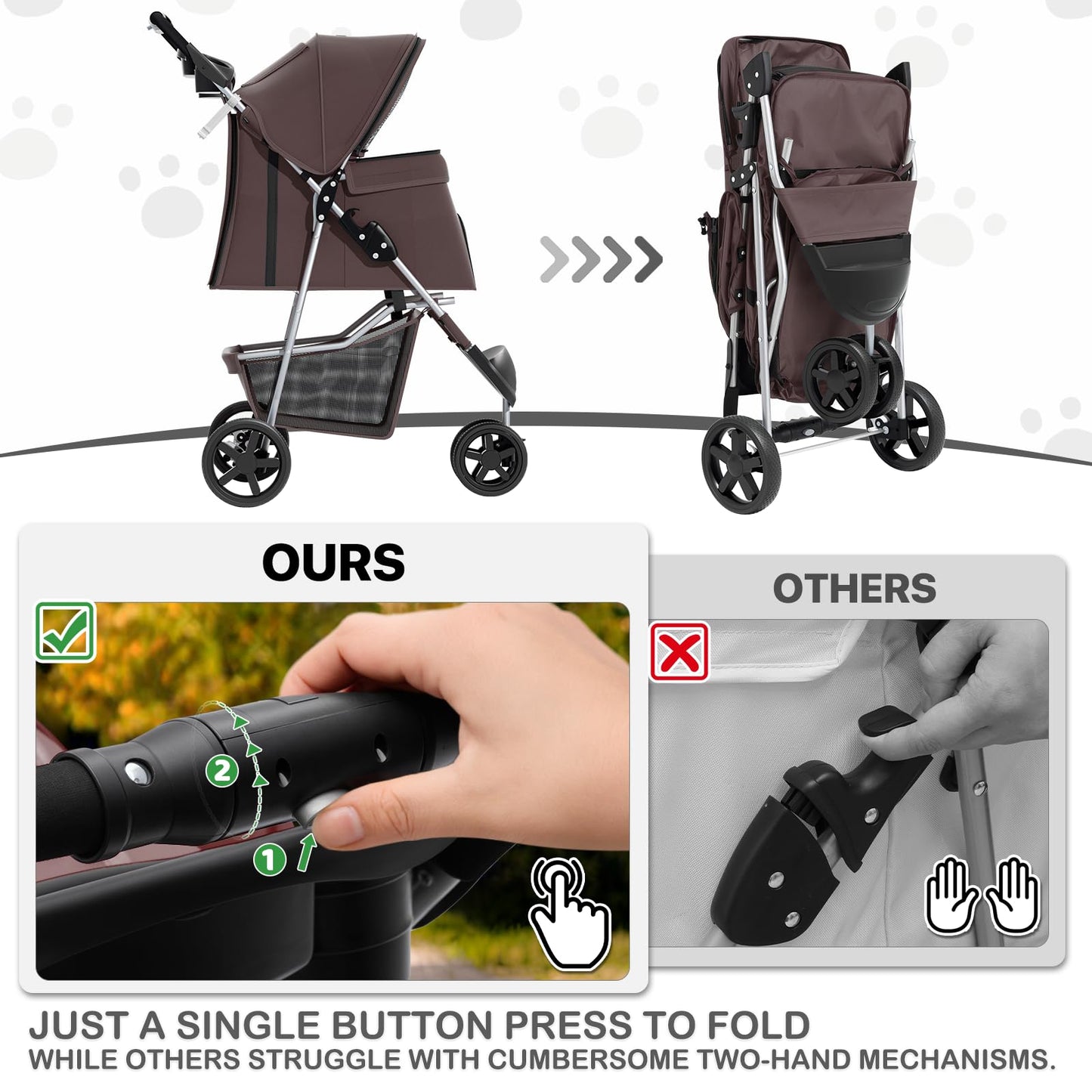 MoNiBloom Foldable Dog Strollers for Small Dogs with Weather Cover, 3 Wheels Pet Strolling Cart for Dogs and Cats with Storage Basket and Cup Holder, Breathable and Visible Mesh for All-Season, Coffee