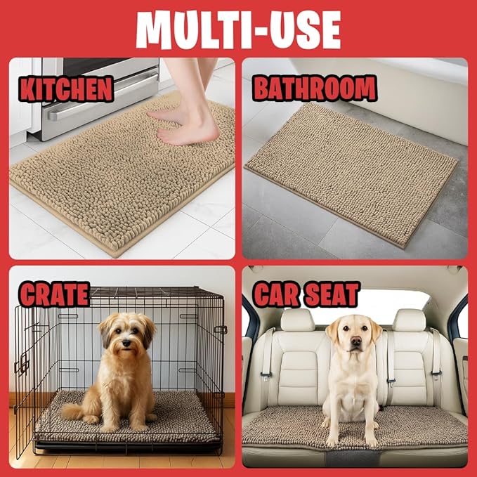 MudGuard Mat™ Dog Door Mat for Muddy Paws, Super Absorbent Microfiber, Non-Slip Indoor Mat, Quick Dry Chenille Mud Mat for Dogs & Entryway, Washable, Beige 36" x 60"