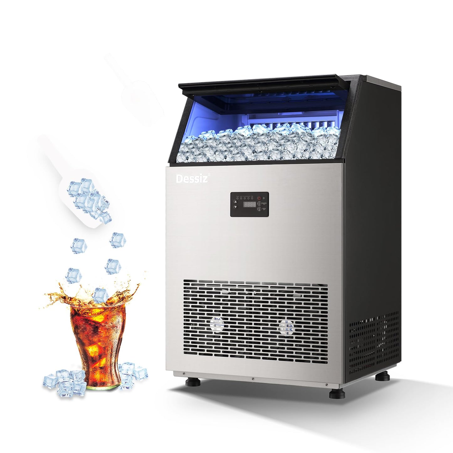 Dessiz Commercial Ice Maker, 130Lbs/24H 40Lbs Storage, 55Pcs Clear Ice in 8-15Mins, Under Counter Stainless Steel Ice Machine with Self-Cleaning & Blue Light, Quiet for Home Bar Restaurant Party