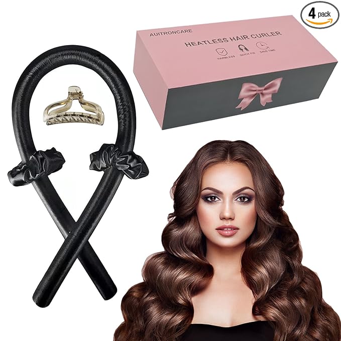 AUITRONCARE Heatless Hair Curlers for Long and Medium Hair,Silk Curls Headband with Gift Box,Satin Curling Rod Headband,No Heat Rollers to Sleep in Overnight(Black) (HC-BOX-BLACK)