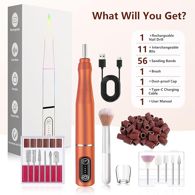 Cordless Nail Drill Electric Rechargeable File Kit, Professional Efile Acrylic Gel Nail Polish Remover Pedicure Manicure Machine Portable Set with 11 Bits 56 Sanding Bands for Salon Orange