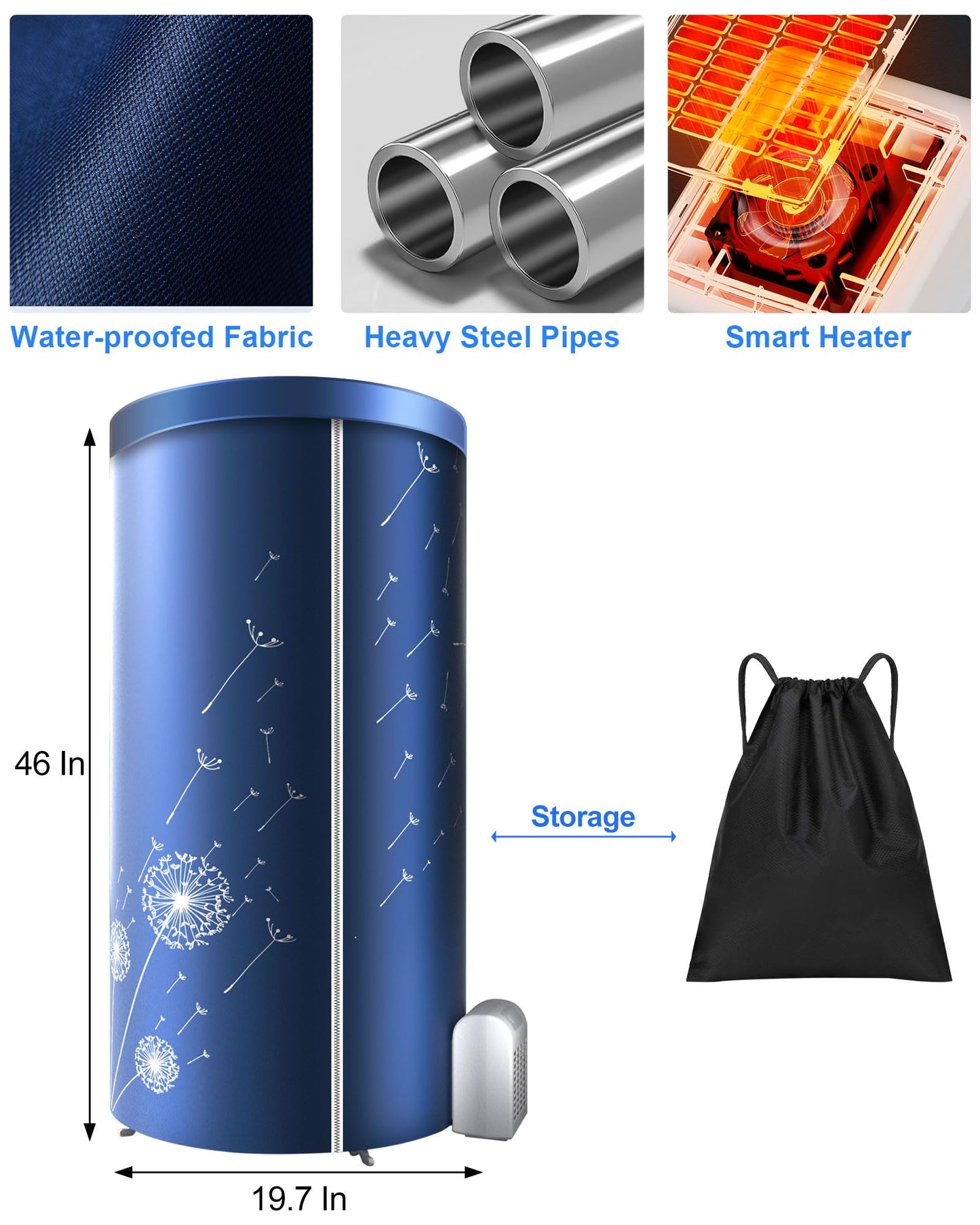 KASYDoFF Portable Dryer, 46Inch-1000W Portable Clothes Dryer for Apartments, Portable Dryers Machine with Storage Bag, Mini Clothes Dryers for Travel, Home, RVs