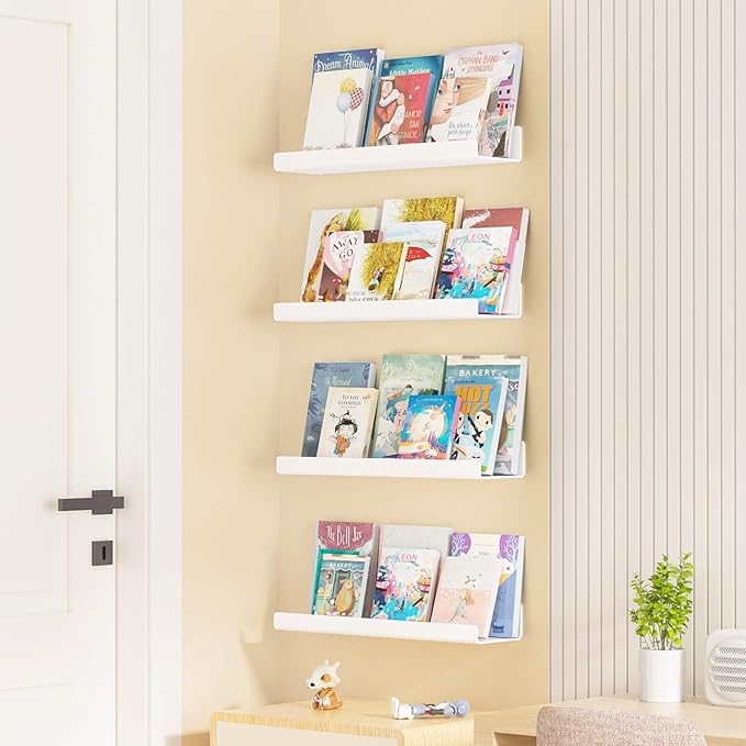 upsimples Acrylic Shelves for Wall Decor, 15" Display Shelf Perfume Organizer for Bathroom, Bedroom, Living Room, Floating Bookshelves for Kids, White, 4 Pack | for Kids, Display Shelf, Organizer, for Bathroom, Bedroom, Living Room Decor
